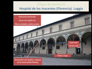 Estructura horizontal
Arcos con amplia luz
Muro encalado y pietra serena
Cada tramo
bóveda vaída
Decoración con tondos o clípeos
de terracota (Della Robbia)
Pórtico o logia
Filippo Brunelleschi
Hospital de los Inocentes (Florencia). Loggia
 