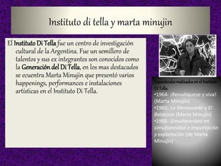 Instituto di tella y marta minujin
El Instituto Di Tella fue un centro de investigación
cultural de la Argentina. Fue un semillero de
talentos y sus ex integrantes son conocidos como
la Generacióndel Di Tella, en los mas destacados
se ecuentra Marta Minujin que presentó varios
happenings, performances e instalaciones
artísticas en el Instituto Di Tella.
Espectáculos realizadosen el Instituto
Di Tella:
•1964- ¡Revuélquese y viva!
(Marta Minujín)
•1965- La Menesunda y El
Batacazo (Marta Minujín)
•1966- Simultaneidad en
simultaneidad e Importación
y exportación (de Marta
Minujín)
 