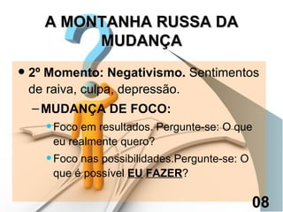 A MONTANHA RUSSA DA MUDANÇA 2º Momento: Negativismo.  Sentimentos de raiva, culpa, depressão. MUDANÇA DE FOCO: Foco em resultados. Pergunte-se: O que eu realmente quero? Foco nas possibilidades.Pergunte-se: O que é possível  EU   FAZER ? 08 