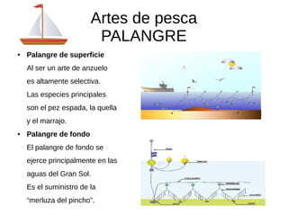 Artes de pesca 
PALANGRE 
● Palangre de superficie 
Al ser un arte de anzuelo 
es altamente selectiva. 
Las especies principales 
son el pez espada, la quella 
y el marrajo. 
● Palangre de fondo 
El palangre de fondo se 
ejerce principalmente en las 
aguas del Gran Sol. 
Es el suministro de la 
“merluza del pincho”. 
 