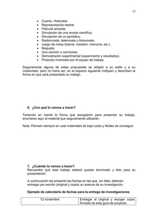15












Cuento. Historieta.
Representación teatral.
Película actuada.
Simulación de una revista científica.
Simulación de un periódico.
Radionovela, telenovela o fotonovela.
Juego de mesa (lotería, maratón, memoria, etc.).
Maqueta.
Una canción o canciones.
Demostración experimental (experimento y resultados).
Producto inventado por el equipo de trabajo.

Seguramente alguna de estas propuestas se adaptó a su estilo y a su
creatividad, pero no fuera así, en el espacio siguiente indiquen y describan la
forma en que será presentado su trabajo.

6. ¿Con qué lo vamos a hacer?
Teniendo en mente la forma que escogieron para presentar su trabajo,
enumeren aquí el material que seguramente utilizarán.
Nota: Piensen siempre en usar materiales de bajo costo y fáciles de conseguir.

7. ¿Cuándo lo vamos a hacer?
Recuerden que este trabajo deberá quedar terminado y listo para su
presentación.
A continuación les presento las fechas en las que, sin falta, deberán
entregar por escrito (original y copia) un avance de su investigación.
Ejemplo de calendario de fechas para la entrega de investigaciones
12 noviembre

Entregar el original y recoger copia
firmada de esta guía de proyecto.

 