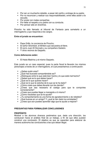 31






Por ser un muchacho rebelde, a pesar del cariño y entrega de su padre.
Por no reconocer y realizar sus responsabilidades, entre ellas asistir a la
escuela.
Por andar con malas compañías
Por faltar al respeto a su padre con su conducta.
Por pensar sólo en divertirse.

Pinocho ha sido llamado al tribunal de Fantasía para someterlo a un
interrogatorio y que responda a los cargos.
Entre el jurado se encuentran:





Pepe Grillo, la conciencia de Pinocho.
El señor Stromboli, el titiritero que secuestra al títere.
El zorro Juan El Honrado y su compañero Gedeón.
Y otros vecinos de Geppeto.

Como defensores están:


El Hada Madrina y el mismo Geppeto.

Este jurado es un caso especial, pues la parte fiscal la llevarán los mismos
personajes a través de un interrogatorio, el cual presentamos a continuación:














¿Sabes quién eres?
¿Qué has buscado comportándote así?
¿Distingues entre lo que está bien hecho y lo que está mal hecho?
¿Sabes qué es lo que debes hacer?
¿Qué es lo que quieres hacer?
¿Qué es lo que te estorba de lo que se te ha dado?
¿Cómo crees que debes llevarte con los demás?
¿Crees que sea necesario el castigo para que te comportes
correctamente?
¿Crees que puedes llegar a manejarte a ti mismo?
¿Cómo necesitas que se te ayude?
¿Tu comportamiento es una forma de agradecimiento o de rebeldía?
¿Qué buscas en un amigo? Y ¿qué te han dado tus amistades?
¿Crees que aún puedes aprender algo que te ayude a mejorar?

PREGUNTAS PARA FORMALIZAR CONCLUSIONES
PROPÓSITO
Mostrar a los alumnos diversos parámetros que, dada una dirección, los
conduzcan hacia el análisis final de un trabajo, a fin de que ellos puedan
construir una conclusión. El objetivo es que se capaciten para elaborar de
manera autónoma las conclusiones a las que deban llegar.

 