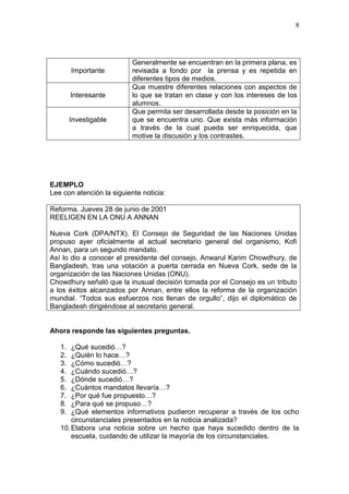 8

Importante

Interesante

Investigable

Generalmente se encuentran en la primera plana, es
revisada a fondo por la prensa y es repetida en
diferentes tipos de medios.
Que muestre diferentes relaciones con aspectos de
lo que se tratan en clase y con los intereses de los
alumnos.
Que permita ser desarrollada desde la posición en la
que se encuentra uno. Que exista más información
a través de la cual pueda ser enriquecida, que
motive la discusión y los contrastes.

EJEMPLO
Lee con atención la siguiente noticia:
Reforma. Jueves 28 de junio de 2001
REELIGEN EN LA ONU A ANNAN
Nueva Cork (DPA/NTX). El Consejo de Seguridad de las Naciones Unidas
propuso ayer oficialmente al actual secretario general del organismo, Kofi
Annan, para un segundo mandato.
Así lo dio a conocer el presidente del consejo, Anwarul Karim Chowdhury, de
Bangladesh, tras una votación a puerta cerrada en Nueva Cork, sede de la
organización de las Naciones Unidas (ONU).
Chowdhury señaló que la inusual decisión tomada por el Consejo es un tributo
a los éxitos alcanzados por Annan, entre ellos la reforma de la organización
mundial. “Todos sus esfuerzos nos llenan de orgullo”, dijo el diplomático de
Bangladesh dirigiéndose al secretario general.

Ahora responde las siguientes preguntas.
¿Qué sucedió…?
¿Quién lo hace…?
¿Cómo sucedió…?
¿Cuándo sucedió…?
¿Dónde sucedió…?
¿Cuántos mandatos llevaría…?
¿Por qué fue propuesto…?
¿Para qué se propuso…?
¿Qué elementos informativos pudieron recuperar a través de los ocho
circunstanciales presentados en la noticia analizada?
10. Elabora una noticia sobre un hecho que haya sucedido dentro de la
escuela, cuidando de utilizar la mayoría de los circunstanciales.
1.
2.
3.
4.
5.
6.
7.
8.
9.

 