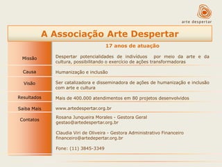 A Associação Arte Despertar
17 anos de atuação
Missão

Despertar potencialidades de indivíduos por meio da arte e da
cultura, possibilitando o exercício de ações transformadoras

Causa

Humanização e inclusão

Visão

Ser catalizadora e disseminadora de ações de humanização e inclusão
com arte e cultura

Resultados

Mais de 400.000 atendimentos em 80 projetos desenvolvidos

Saiba Mais

www.artedespertar.org.br

Contatos

Rosana Junqueira Morales - Gestora Geral
gestao@artedespertar.org.br
Claudia Viri de Oliveira - Gestora Administrativo Financeiro
financeiro@artedepertar.org.br
Fone: (11) 3845-3349

 