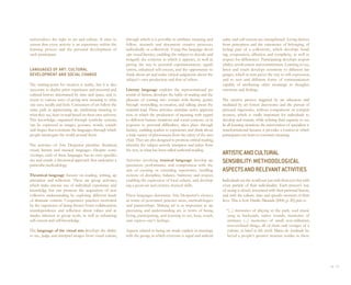universalizes the right to art and culture. It aims to       through which it is possible to attribute meaning and        uality and self-esteem are strengthened. Living derives
ensure that every activity is an experience within the       follow, research and document creative processes             from perception and the experience of belonging, of
learning process and the personal development of             individually or collectively. Using this language devel-     feeling part of a collectivity, which develops bond-
each participant.                                            ops visual literacy, enabling the subject to decode and      ing, cooperation, affection and complicity, as well as
                                                             resignify the contexts in which it appears, as well as       respect for differences. Participating develops respon-
                                                             paving the way to personal experimentation, signifi-         sibility, involvement and commitment. Learning to see,
LANGUAGES OF ART: CULTURAL                                   cation, enhanced self-esteem, and the opportunity to         listen and touch develops sensitivity to different lan-
DEVELOPMENT AND SOCIAL CHANGE                                think about art and make critical judgments about the        guages, which in turn paves the way to self-expression,
                                                             subject’s own production and that of others.                 and to new and different forms of communication
The starting-point for creation is reality, but it is also                                                                capable of attributing other meanings to thoughts,
necessary to deploy prior experience and personal and        Literary language explores the representational po-          emotions and feelings.
cultural history determined by time and space, and to        tential of fiction, develops the habit of reading and the
resort to various ways of giving new meaning to what         pleasure of coming into contact with literary genres         The creative process triggered by art educators and
one sees, recalls and feels. Consumers of art follow the     through storytelling, re-creation, and talking about the     mediated by art fosters discoveries and the pursuit of
same path in appreciating art, attributing meaning to        material read. These activities stimulate active apprecia-   personal trajectories, without comparisons or competi-
what they see, hear or read based on their own universe.     tion, in which the production of meaning with regard         tiveness, which is vitally important for individuals to
This knowledge, organized through symbolic systems,          to different human situations and social contexts, or in     develop and mature, while refining their capacity to see.
can be expressed in images, gestures, words, sounds          response to personal difficulties, takes place through       In all learning situations the intervention of specialists is
and shapes that constitute the languages through which       fantasy, enabling readers to experience and think about      transformational because it provides a context in which
people interrogate the world around them.                    a wide variety of phenomena from the safety of the arm-      participants can learn to construct meaning.
                                                             chair. They are also designed to promote critical reading,
The activities of Arte Despertar prioritize theatrical,      whereby the subject actively interprets and infers from
visual, literary and musical languages. Despite some         the text, in what has been called authorial reading.
overlaps, each of these languages has its own specifici-                                                                  ARTISTIC AND CULTURAL
ties and entails a theoretical approach that underpins a     Activities involving musical language develop ap-            SENSIBILITY: METHODOLOGICAL
particular methodology.                                      preciation, performance and composition with the
                                                             aim of creating or extending repertoires, instilling         ASPECTS AND RELEVANT ACTIVITIES
Theatrical language focuses on reading, writing, ap-         notions of discipline, balance, harmony and respect,
preciation and reflection. These are group activities,       enabling the expression of local culture, and develop-       Individuals see the world not just with their eyes but with
which make intense use of individual experience and          ing a good ear and creative musical skills.                  every particle of their individuality. Each person’s way
knowledge but can promote the acquisition of new                                                                          of seeing is closely associated with their personal history,
collective understanding by exploring different kinds        These languages determine Arte Despertar’s choices           and with the culture, time and specific moment of their
of dramatic content. Cooperative practices motivated         in terms of personnel, practice areas, methodologies         lives. This is how Danilo Miranda (2006, p. 20) puts it:
by the experience of doing theater foster collaboration,     and partnerships. Making art is as important as ap-
interdependence and reflection about values and at-          preciating and understanding art, in terms of being,           “(...) memories of playing in the park, soul music
titudes inherent in group work, as well as enhancing         living, participating, and learning to see, hear, touch,        sung in backyards, native sounds, memories of
self-esteem and self-knowledge.                              and express one’s feelings.                                     intimacy (...) memories of small non-utilitarian,
                                                                                                                             non-civilized things, all of them oral vestiges of a
The language of the visual arts develops the ability         Aspects related to being are made explicit in meetings          culture, as brief as life itself. Mário de Andrade be-
to see, judge and interpret images from visual culture,      with the group, in which everyone is equal and individ-         lieved a people’s greatest treasure resides in these




                                                                                                                                                                                          26 I 27
 