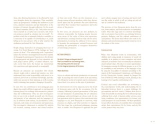 done, also allowing themselves to be affected by their       of their own work. There are also moments of ex-              ner’s culture, imagine ways of acting, and insert itself
own thoughts about the experience. Thus sensibility          change among all team members, when they discuss              into the reality in which it will act, taking art and cul-
opens up perspectives, enabling the mediators to per-        action plans and the problems that arise therefrom,           ture as a criterion for mediation.
ceive, interpret sensations and put themselves in the        and where they socialize their experiences and evalu-
position of learners through reflection. In the words        ations of the process.                                        The activities of Arte Despertar derive from the con-
of Alicia Fernandez (2001, p. 42), “only when you po-                                                                      text, from analysis, and from reflection on immediate
sition yourself as a teacher can you learn; only when        In this sense, art educators are also mediators, fa-          reality. Thus this stage aims to construct knowledge
you position yourself as a learner can you teach”. To        cilitators responsible for helping people become              and is not passive but involves an exchange between
produce work that is intimately linked to sensibility it     more aware of the value of their own repertoires              partners, dialogue, and the cultural enrichment of
is necessary to be capable of surrendering to it, estab-     and identities, creating situations that call for active      each partner. The action that follows also tends to be
lishing a two-way process. This is what enriches the         participation, fostering the addition of new aspects          dynamic and transformational, deeply rooted as it is in
mediation performed by Arte Despertar.                       to broaden the participants’ cultural horizons, and           the culture of the venue.
                                                             enabling the participants to recognize themselves
People change themselves by changing their ways of           as knowledge producers.
seeing. For Henri Bergson (1978), feelings are “gen-                                                                       Communities
erators of ideas”. The relationship with “experience”
makes the activities meaningful and therefore capable        ACTION SPACES                                                 When Arte Despertar works in communities, with
of changing the participants. Experience is the domain                                                                     children and young people in situations of social vul-
of interpretation and depends on how situations are          So what if things are beyond reach?                           nerability or in projects to train youngsters and social
read. Jorge Larrosa (2001), a Catalan educator, says         That’s no reason for not wanting them...                      educators, its activities focus on eminently art-education-
only events that move the learner are transformed            How sad the paths if it were not                              al and cultural values. The idea is to create opportunities
into experience and appropriated as meaningful.              For the magical presence of the stars                         for interaction among the different groups, so as to fos-
                                                                                                                           ter sensibility to and awareness of the languages of art
Because art educators are researchers who closely            Mário Quintana                                                by using the four pillars of education according to the
observe reality with a critical and creative eye, they                                                                     report of the International Commission on Education
understand their social responsibility and invest in in-     Access to cultural and artistic production is a universal     for the Twenty-first Century, chaired by Jacques De-
teraction, know how to construct knowledge, and take         right. In traveling this road in search of art and culture,   lors (UNESCO, 1999): learning to know, learning to do,
reality into account in their planning, as well as perma-    Arte Despertar works in hospitals and in communities          learning to live together, and learning to be.
nently evaluating their practice, changing it if need be.    where there is no access to this type of production.
                                                                                                                           Violence and social vulnerability are worsening in
In sum, they are committed to new pedagogic para-            Its interventions are never imposed, never the result         the contemporary world, and understanding the re-
digms that entail a different approach to teaching and       of decisions taken only by the association. On the            lationship between them is a major challenge for
learning based on exchange and interaction, partner-         contrary, following a general presentation of the proj-       governments and civil society. Children from low-in-
ship and collaboration. They are also investigators          ect and acceptance of partnership, the art educators,         come households are among the most affected groups,
who set out to do in-depth research into the theory          pedagogue and psychologist are chosen and, by mu-             suffering from a lack of decent public services, poor
and practice of art education and the languages of           tual agreement with the partner, this team decide what        living conditions, few opportunities for leisure, and
art, its relations with culture, its peculiarities, codes,   languages to use, how frequently to intervene, what           scant prospects of social mobility. All these problems
materials, and forms of construction and expression.         resources to deploy, and what activities to organize.         in turn affect the forms of sociability they customarily
The investigative dimension is enriched by individ-          This first stage has a profound pedagogic meaning,            adopt, their expectations for the future, and any life-
ual research, training courses and critical analysis         since it enables Arte Despertar to approach the part-         course projects they may have.




                                                                                                                                                                                         28 I 29
 