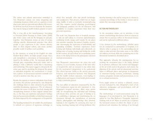 The artistic and cultural intervention embodied in          which they mutually offer and absorb knowledge              develop learning to do; and by using art as a means to
Arte Despertar’s actions can create integrating and         and compassion. This process, which has no begin-           construct knowledge of the world, its history and its
stimulating situations, which serve as a gateway to new     ning, middle or end, is constantly metamorphosing           nature they encourage learning to know.
discoveries, and new personal and collective life courses   and thus requires careful planning, psychological
for all those involved, however desperate the situations    and pedagogic guidance for the art educators, and
they may be facing as health workers, patients or carers.   availability to socialize repertoires from their own        ACTION METHODOLOGY
                                                            personal experience.
Play is a key ally in this transformation. According                                                                    As the association carries out its activities, it con-
to historian Johan Huizinga in Homo Ludens (2008),          The work Arte Despertar does in hospitals attempts          structs a methodology that derives from its concern to
play shares values with art. By bringing art and play       to take art and culture to everyone indiscriminately,       ensure that its practices reflect its theoretical choices
together, Arte Despertar creates an area of escape,         combining words, images and sounds. Its art educa-          and can be replicated in different places.
offering specific disinterested activities that allow       tion activities stimulate the patient’s healthy, creative
people to give expression to life, valorize identity,       side, encouraging the expression of individuality and       A key element in this methodology, whether activi-
draw on their original culture, and create another          expanding sensibility. Aesthetic experiences foster         ties are conducted in communities or hospitals, is to
possible world of wellness and sensibility.                 looking and thinking individually and collectively, en-     observe what is going on in the surrounding area in
                                                            riching ways of seeing, hearing and feeling the world.      order to plan activities that make sense to the differ-
In this situation, as noted by the English art critic       In this context, art and culture act as mediating instru-   ent subjects involved, while also remaining true to the
Herbert Read (2001), art helps people escape chaos          ments in the dialog between the participants and their      theoretical foundations described above.
and strengthens a movement of humanization or-              external environment.
dered by the rhythm of life. Art interrupts daily life                                                                  This approach, whereby the starting-point for ev-
through play, suspending distressful reality and re-        Arte Despertar’s interventions are often met with           erything the association does is the reality defined
placing it with a different world that is fascinating       surprise, or even hostility, because of the strict rules    by its partners, influences the content and languages
and enchanting. This aspect suggests a break with the       of hospital life, and on occasion it has taken time         of the art work used in the projects, and orients the
status quo, and by accepting the proposal the group         for the association’s proposition to be understood.         planning of the actions and art-educational activities
or individual resignifies the environment to escape         The effects become visible as the activity proceeds,        taken to different places and groups in therapeutic
into a sphere of autonomous activities normally con-        however, and interaction between Arte Despertar             or awareness-raising sessions, workshops, training
served in memory once they are over.                        and the health workers increases, even leading to           courses, programs, lectures and presentations, or vis-
                                                            collaboration and requests from health professionals        its to cultural institutions.
Besides the capacity to remove individuals from hospi-      to help a particular patient.
tal routine, the activities promoted by Arte Despertar                                                                  Every single action or activity is planned, execut-
also challenge them to share emotions by provoking          The four pillars of education enunciated by the De-         ed and evaluated by Arte Despertar’s team of art
sensibility-broadening experiences. The art educators       lors Commission report are also important to Arte           educators, pedagogues and psychologists, with ad-
stimulate the senses of all those involved, mining and      Despertar’s hospital activities, albeit more generi-        ministrative support.
strengthening elements of their original cultural iden-     cally: by strengthening the individual and fostering
tity, so that they can experience and perceive feelings     self-esteem these activities are part of learning to be;    The methodology of social intervention using the
that can become powerful allies to help them transcend      by establishing a dialogue and transforming the en-         languages of art developed by Arte Despertar is in-
the limits imposed by the contingencies of hospital life.   vironment through the introduction of personal              spired by Ana Mae Barbosa’s Triangular Approach.
                                                            objects, photographs and drawings they promote              Starting with an art object or artistic act, it explores
The bonding mediated by art enables the participants        learning to live together; by exercising new ways of        the historical context in which the object or act is
to embark on a process of repertoire exchange, in           seeing, touching, hearing and solving problems they         produced and stimulates the making of art through




                                                                                                                                                                                    30 I 31
 