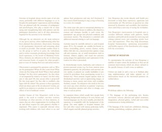 Activities in hospitals always involve pairs of art edu-   admire their production and may feel frustrated if            Arte Despertar also works directly with health pro-
cators, preferably with different languages so as to       they cannot finish learning to sing a song or listening       fessionals to help them experience, appreciate and
broaden the participants’ expectations and knowledge.      to a story, for example.                                      contextualize art. The activities in question are char-
They are planned with the assistance of pedagogues                                                                       acterized by dynamics and sensibility that minimize
and psychologists, who play a crucial role in struc-       The entire team take part in semiannual planning ses-         stress and foster a new way of seeing the workplace.
turing and strengthening links with partners and the       sions to decide what themes to address, the objectives,
participants themselves, and in all other dimensions       content and strategies feasible in each venue, the            Arte Despertar’s interventions in hospitals aim to
required for the activities to be successful.              participants’ age groups and physical condition, and          socialize different cultures with patients, family
                                                           assessment metrics. The document is enriched with             members and health professionals by retrieving and
Although the art educators are the main initiators         additional material relating to each art language.            valuing cultural roots and extending artistic hori-
of any given activity, when implementing what has                                                                        zons and repertoires. Thus they help disseminate
been planned they prioritize observation, listening        Activities must be carefully tailored to each hospital        hospital humanization, optimizing potentialities
to the participants attentively and remaining silent       space. ICUs, for example, are suitable for literary ac-       and healthy aspects of the beneficiaries who engage
as much as possible. This attitude enables them to         tivities (storytelling, poetry, nursery rhymes, myths,        with the association.
see the group as well as its parts, the individuals,       fables, folk tales etc.), musical activities (games, songs,
and to notice essentials, producing knowledge from         call and response, use of small instruments such as
lived experience, in the words of Madalena Freire.         maracas, shakers, jingles), and visual arts activities        CONTENT OF MEDIATION
These elements are inherent in the act of observing        (using images for appreciation and exploration of the
and construct forms of respect for other people’s          context for what is presented).                               To operationalize the activities of Arte Despertar, a
pain or ways of sharing their joys and achievements.                                                                     number of topics orient the mediators in their art-ed-
                                                           In chemotherapy rooms, bedrooms, and isolation or             ucational interventions, which are always tailored to
Observation is permeated by questions such as: Who         positive-pressure rooms (e.g. for bone marrow trans-          the specific features of each venue or audience.
are the participants? Where do they come from? What        plantation patients), the procedures and activities are
stories do they bring with them? What is their cultural    very similar, as patients are usually bedridden or pre-       Choices are made in such a way as to facilitate plan-
heritage? Are they active participants? Are they alone     vented by procedures from participating except in a           ning implementation and make optimal use of
or accompanied by relatives or carers? Are they reluc-     limited way. These patients require quieter, more in-         interventions based on the theoretical premises de-
tant to take part? Do they accept what is proposed?        dividualized activities such as appreciating images, or       scribed above.
Do they keep quiet? Are they able to establish a dia-      listening to music, poetry and stories with wordplay,
logue with the others? The answers to these questions,     rhythms, sounds. Art educators who work in this con-
which are always part of the art educators’ routine, are   text must pay close attention to patients’ responses,         Communities
useful in an endeavor to produce an overview of the        which determine whether and when to change, con-
effects of art in healthcare venues.                       tinue or end an activity.                                     Workshops address the following:

Another feature of Arte Despertar’s work in hos-           In outpatient clinics, which usually have people from         • The language of the performing arts: theater,
pitals is the need to conduct one-time sessions,           differing backgrounds waiting to be seen, literary and         movement, sensory, physical and spatial awareness,
workshops or other activities of short duration, in        musical languages are the most suitable, provided the          imagination, physical games, verbal and non-verbal
spaces that are often inappropriate for working with       repertoire is compatible with the background of the            communication, losing inhibitions
art and where respect for each patient’s rhythm is         group. The same applies to hospital entrance lob-
important. This aspect is especially relevant when         bies and other venues with intense pedestrian traffic,        • The language of the visual arts: exhibitions, drawing,
working with children, who want others to see and          which require carefully planned group activities.              painting, printmaking, sculpture, plastic arts
 