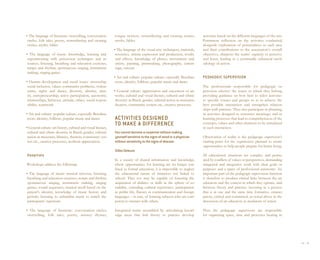 • The language of literature: storytelling, conversation        tongue twisters, remembering and creating stories,          activities based on the different languages of the arts.
 circles, folk tales, poetry, remembering and creating          myths, fables                                               Permanent reflection on the activities conducted,
 stories, myths, fables                                                                                                     alongside exploration of potentialities in each area
                                                                • The language of the visual arts: techniques, materials,   and their contributions to the association’s overall
• The language of music: knowledge, learning and                 resources, artistic expression and production, results     objectives, sharpens the teams’ capacity to perceive
 experimenting with percussion techniques and re-                and effects, knowledge of phases, movements and            and listen, leading to a continually enhanced meth-
 sources, listening, breathing and relaxation exercises,         artists, painting, printmaking, photography, carton-       odology of action.
 tempo and rhythm, spontaneous singing, instrument               nage, cutouts
 making, singing games
                                                                • Art and culture: popular culture, especially Brazilian,   PEDAGOGIC SUPERVISION
• Human development and social issues: citizenship,              roots, identity, folklore, popular music and dance
 social inclusion, values, community problems, violent                                                                      The professionals responsible for pedagogic su-
 crime, rights and duties, diversity, identity, alter-          • General culture: appreciation and enjoyment of art        pervision observe the teams to which they belong,
 ity, entrepreneurship, active participation, autonomy,          works; cultural and visual literacy, cultural and ethnic   providing guidance on how best to tailor activities
 relationships, behavior, attitude, ethics, social respon-       diversity in Brazil, gender, cultural action in museums,   to specific venues and groups so as to achieve the
 sibility, teamwork                                              theaters, community centers etc., creative processes       best possible interaction and strengthen relation-
                                                                                                                            ships with partners. They also participate in planning,
• Art and culture: popular culture, especially Brazilian,                                                                   in activities designed to construct meanings, and in
 roots, identity, folklore, popular music and dance             ACTIVITIES DESIGNED                                         learning processes that lead to comprehension of the
                                                                TO MAKE A DIFFERENCE                                        concepts, values and other elements to be stimulated
• General culture: art history, cultural and visual literacy,                                                               in such interaction.
 cultural and ethnic diversity in Brazil, gender, cultural      You cannot become a carpenter without making
 action in museums, libraries, theaters, community cen-         yourself sensitive to the signs of wood or a physician      Observation of reality is the pedagogic supervisor’s
 ters etc., creative processes, aesthetic appreciation.         without sensitivity to the signs of disease.                starting-point for the experiences planned to create
                                                                                                                            opportunities to help people prepare for better living.
                                                                Gilles Deleuze
Hospitals                                                                                                                   All educational situations are complex and perme-
                                                                In a society of shared information and knowledge,           ated by conflicts of values or perspectives, demanding
Workshops address the following:                                where opportunities for learning are no longer con-         integrated and integrative work with clear goals or
                                                                fined to formal education, it is impossible to neglect      purposes and a space of professional autonomy. An
• The language of music: musical universe, listening,           the educational nature of initiatives not linked to         important part of the pedagogic supervision function
 breathing and relaxation exercises, tempo and rhythm,          school. They too may be capable of fostering the            is therefore to produce critical links between the art
 spontaneous singing, instrument making, singing                acquisition of abilities or skills in the sphere of so-     educators and the context in which they operate, and
 games, sound sequences, musical recall based on the            ciability, extending cultural repertoires, participation    between theory and practice, investing in a process
 patient’s identity, knowledge of music history and             in public life, fluency in communication and foreign        that is at one and the same time formative, emanci-
 periods, listening to unfamiliar music to enrich the           languages – in sum, of forming subjects who are com-        patory, critical and committed, as noted above in the
 participants’ repertoire                                       petent to interact with others.                             discussion of art educators as mediators of action.

• The language of literature: conversation circles,             Integrated teams assembled by articulating knowl-           Thus the pedagogic supervisors are responsible
 storytelling, folk tales, poetry, nursery rhymes,              edge areas that link theory to practice develop             for organizing space, time and processes bearing in




                                                                                                                                                                                       34 I 35
 