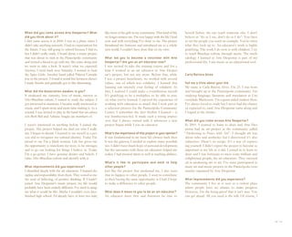 When did you come across Arte Despertar? What                like most of the girls in my community. That kind of life     herself before she can teach someone else. I don’t
did you think about it?                                      no longer attracts me. I’m very happy with the life I lead    believe in “do as I say, don’t do as I do”. You have
I first came across it in 2000. I was in a phase when I      now and with everything I’ve done so far. The project         to set the people you teach an example. You’re often
didn’t take anything seriously. I had no expectations for    broadened my horizons and introduced me to a whole            what they look up to. An educator’s work is highly
the future. I was still going to school because I had to,    new world. I couldn’t have done that on my own.               gratifying. The work I do now is with children. I try
but I didn’t really study. I heard about a music project                                                                   to teach Brazilian culture through music. The meth-
that was about to start in the Paraisópolis community        What led you to become a volunteer with Arte                  odology I learned at Arte Despertar is part of my
and invited a friend to go with me. She came along and       Despertar? Are you an art educator now?                       professional life. I use music as an educational tool.
we went to take a look. It wasn’t what we expected.          I was invited to take the training course and for a
Anyway, I went back next Saturday. I wanted to hear          time I worked as an art educator in Arte Desper-
the Spice Girls. Another band called Palavra Cantada         tar’s project, but not any more. Before that, while           Carla Batista Alves
was in the project. I found it weird but between classes     I was a project beneficiary, we worked with several
I made friends and gradually got to like drumming.           values, one of which was solidarity. I learned that           Tell me a little about your life.
                                                             learning can intensify your feeling of solidarity. In         My name is Carla Batista Alves. I’m 23. I was born
What did the Association awaken in you?                      fact, I realized I could make a contribution myself.          and brought up in the Paraisópolis community. I’m
It awakened my curiosity, love of music, interest in         It’s gratifying to be a multiplier, to be able to pass        studying language, literature and translation at Uni-
Afro-Brazilian culture. I started to study the subject. I    on what you’ve learned. I enjoyed the experience of           versidade Mackenzie. I’m a grant-aided student there.
got interested in maracatu. I became really interested in    working with education so much that I took part in            I’ve always loved to study but I never had the chance
music, and I spent more and more time making it. As a        a selection process for the Paraisópolis Community            or expected to, until Arte Despertar came along and
reward, I was invited to play in the band that art educa-    Center. I remember the first rhythm I learned – it            I leaped at the chance.
tors Beth Beli and Adriana Aragão are members of.            was bumba-meu-boi. It made such a strong impres-
                                                             sion that I always started with it whenever a new              When did you come across Arte Despertar?
I wasn’t interested in anything before I joined the          project began while I was an educator.                        In 2001. I wanted to learn to draw and Arte Des-
project. The project helped me find out who I really                                                                        pertar had an art project in the community called
am. I began to dream. I learned to see myself as a per-      What’s the importance of this project in your opinion?        “Awakening to Peace with Art”. I thought art was
son and to recognize my cultural identity. Today I’m         It was fundamental in my basic life choices back then.         about rules and aesthetics but I discovered it’s also
proud to say I’m a black woman. Life has given me            It was the gateway I needed to explore many possibili-         subjective. There’s no recipe. It’s a way of express-
the opportunity to transform my story, to be stronger,       ties. I didn’t have much hope of personal development,         ing yourself. I didn’t expect the project to become as
and to go out looking for things I believe in. Today         but the encounter with these art educators helped me           important in my life as it did. I joined in to learn to
I’m a go-getter. I have genuine desires and beliefs. I       realize I had musical talent as well as teaching abilities.    draw and I was fortunate to meet some brilliant and
value Afro-Brazilian culture and identify with it.                                                                          enlightened people, the art educators. They succeed-
                                                             What’s it like to participate and work to help                 ed in awakening me to art. I’ve since participated in
What improvements did you experience?                        other people?                                                  many art and music projects in the Paraisópolis com-
I identified deeply with the art educators. I learned dis-   Just like the project that awakened me, I also want            munity organized by Arte Despertar.
cipline and responsibility from them. They sowed in me       that to happen to other people. I want to contribute
the seed of believing, of positive thinking. If I hadn’t     to their having the same opportunity as I had. I hope         What improvements did you experience?
joined Arte Despertar’s music project, my life would         to make a difference to other people.                         The community I live in is seen as a violent place
probably have been entirely different. I’ve tried to imag-                                                                 where people have no chance to make progress.
ine what it would be like. Maybe I wouldn’t even have        What does it mean to you to be an art educator?               However, I’m the living proof that it isn’t true. You
finished high school. I’d already have at least two kids,    An educator must first and foremost be true to                can get ahead. All you need is the will. Of course, I




                                                                                                                                                                                      40 I 41
 