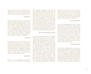 weather, and so on. Stories are impregnated with all           they’re paralyzed or disabled in one way or another,       Despertar and other NGOs to make sure children’s
these things. All these layers of reading made pos-            even temporarily, or debilitated, obliges these art        right to care is respected. In the case of Arte Desper-
sible by a culture are concentrated in them. Stories           educators to find absolutely unique procedures for         tar, art educators have a very serious task to perform.
synthesize human complexity and spiritual yearning.            addressing each situation. Sometimes the patient is        They’re extremely objective about it. They actually
                                                               there and then just not there the week after. You          do teach the children we have here. So humanization
                                          Stela Barbieri       never know who you will be working with when you           helps time pass while they’re in hospital, attenuates
                                                               arrive or how ready people are to work with you at         the pain and the trauma. That’s fundamental.
                                                               that moment. There are people who are undergo-
We all have art inside us. It’s just a matter of letting it    ing chemotherapy or hemodialysis or in the ICU or                                           Antonio Sérgio Petrilli
well up to the surface. What’s more, I believe art is vi-      in any number of different situations. Because of all
tal. It isn’t a choice. It’s totally different when you work   that, Arte Despertar’s team had to formulate princi-
with something else, anything that isn’t art, that’s voca-     ples and strategies for their work, not just in terms of   Santa Casa de Misericórdia de São Paulo, a charity
tional or leads to a job later on. When you work with          how to proceed with specific people but also how to        hospital in the city of São Paulo, also has a cultural
art you’re forming the individual. It can be beneficial.       organize the material used in these activities – what      arm. This places a high value on culture through a
It can be therapeutic, positive, if other people listen.       to take along, how to package it all, how to prepare.      number of projects involving museums, for exam-
It’s a form of metaphorical communication. (...) That’s        All that was created by the Arte Despertar process.        ple, among other things. In fact, we have a museum
very important so that we can get a lot of things off our                                                                 inside the hospital. So the institution itself gives pri-
chest — monsters, fears, difficulties — through art.                          Maria Christina de Souza Lima Rizzi         ority to culture and art. This chimes perfectly with
And it’s crucial that others see your work. You need to                                                                   the goals of Arte Despertar, whose approach to
have performances, exhibitions, communication.                                                                            thinking about art and the value of art is similar to
                                                               The key thing is that the vast majority of the children    our own. Bringing art in all its forms, even the sim-
                                             Lígia Cortez      treated here at the hospital have never been exposed       plest, to our patients means offering them a whole
                                                               to this type of stimulus, and it’s easy to see how in-     new experience that doesn’t just revolve around the
                                                               terested they are by this introduction to culture. (...)   corporeal. This is beneficial for everyone, of course,
We would go to hospitals and communities, and I                Healing is not enough. We want to heal and also to         for the patients and the institution.
would provide assistance based on the educators’               provide quality of life and social inclusion, meaning
practice. It was very interesting work. The educators          they have a chance to find a job after they leave here,                                     Wilze Laura Bruscato
were incessantly challenged to invest in the relation-         or to study. If possible, they should leave here with
ship with each and every person present, to find a             new skills and abilities, so they can continue their
way in, despite the pain or unhappiness those people           lives positively, so this disease [cancer] doesn’t stop    I think its role is fundamental. Let me take an area I
felt, so as to gain access to their healthy, hopeful side,     them from living their lives. (...) To me the key to       feel comfortable talking about, which is humanization,
creating an internal world of images and stories in            humanization is that you treat others as you would         especially in hospitals. This is incredibly rich in my view,
which the narrative sequence could suspend reality             like to be treated. How would I want a child of mine       for two reasons. The first is medical. As you increase
for a moment and let other emotions in.                        to be treated while in hospital? So you have to ask        the levels of specialization, subspecialties, technology
                                                               what’s most important for this to happen. I think          etc., you start finding it hard to know whether it’s the
                                          Stela Barbieri       we’ve made a lot of progress. Once upon a time             technology that produces the diagnosis, the treatment,
                                                               people accepted whatever they were given. Chil-            and governs relationships between patients and carers.
                                                               dren weren’t taken seriously anyway. Our experience        Patients often focus on the machine. The human mean-
What I see is that this challenge of working with              shows the opposite. Our watchword is solidarity. We        ing of the relationship is lost. These changes that have
a person who is in a vulnerable situation because              try to partner with their families. We work with Arte      been made so that new technology can help the pa-




                                                                                                                                                                                         44 I 45
 