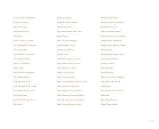 Geraldo Maria Orlando Filho       Leila Yuri Sugahara                   Maria Graziella Guarita

Graziela K. Kunsch                Letícia de Cássia Cocciolito          Maria Helena da Cruz Sponton

Helena Domingos                   Lígia Cristina Dantas                 Maria Helena Webster

João Gomes da Silva               Lígia Maria Camargo Silva Cortez      Maria Stela Fortes Barbieri

João Mauro                        Lígia Nóbrega                         Maria Tereza Estrabon Falabella

Joelma Correia de Andrade         Lilian dos Santos Magnani             Marília Pontone Hellmeister

José Henrique Reis de Menezes     Luciana Caldeira Viacava              Marilisa Galvão Basso de Oliveira

Joyce Helena Bisca                Luciana de Sá Bertossi                Marina Quinan

Joyce Machado de Coimbra          Luciane Toffoli                       Marllon Brando Feitosa Chaves

Joyce Menasce Rosset              Luís Roberto Soares dos Santos        Marta Labriola Sandler

Juliana Leis Balsalobre           Maicira Maria Oliveira Trevisan       Mauricio Anacleto

Juliana Yogui                     Maíra Daniel Vaz Valente              Milena de Marco

Karin Michaelis Oppenheim         Márcia Cristina da Silva              Murilo Krammer

Karin Patrícia da Silva           Marco Antonio da Silva                Nadia Ferreira Esteves Tadema

Kelly Aparecida da Silva          Marco Antonio Ramos Borneu de Abreu   Orlene Queila de Oliveira

Kelly Aparecida da Silva Jardim   Marco Aurélio de Araújo Silva         Paula Galasso

Laura Dantas de Souza Pinto       Maria Angela de Souza Lima Rizzi      Priscila Basile de Moraes Leme

Laura Finocchiaro                 Maria Christina de Souza Lima Rizzi   Rafael Galli

Léa Pintor de Arruda Oliveira     Maria das Graças Saturnino de Lima    Rafael Masini Barbosa

Leila Garcia                      Maria Fernanda Cardoso Santos         Regina Vidigal Guarita




                                                                                                            56 I 57
 