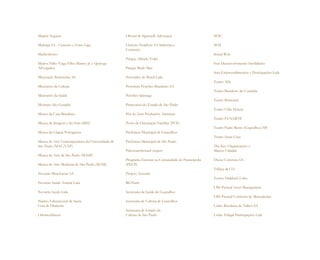 Mapfre Seguros                                   Olivieri & Signorelli Advocacia                   SESC

Maringá SA - Cimento e Ferro Liga                Oxiteno Nordeste SA Industria e                   SESI
                                                 Comercio
Markiodonto                                                                                        Social Web
                                                 Parque Alfredo Volpi
Mattos Filho Veiga Filho Marrey Jr. e Quiroga                                                      Stan Desenvolvimento Imobiliário
Advogados                                        Parque Burle Max
                                                                                                   Stan Empreendimentos e Participações Ltda
Mineração Buritirama AS                          Peróxidos do Brasil Ltda
                                                                                                   Teatro Alfa
Ministério da Cultura                            Petrobras Petróleo Brasileiro SA
                                                                                                   Teatro Brasileiro de Comédia
Ministério da Saúde                              Petróleo Ipiranga
                                                                                                   Teatro Brincante
Mosteiro São Geraldo                             Pinacoteca do Estado de São Paulo
                                                                                                   Teatro Célia Helena
Museu da Casa Brasileira                         Pôr do Som Produções Artísticas
                                                                                                   Teatro FUNARTE
Museu da Imagem e do Som (MIS)                   Posto de Orientação Familiar (POF)
                                                                                                   Teatro Padre Bento (Guarulhos/SP)
Museu da Língua Portuguesa                       Prefeitura Municipal de Guarulhos
                                                                                                   Teatro Santa Cruz
Museu de Arte Contemporânea da Universidade de   Prefeitura Municipal de São Paulo
São Paulo (MAC/USP)                                                                                The Key Organizações e
                                                 PricewaterhouseCoopers                            Marcas Cidadãs
Museu de Arte de São Paulo (MASP)
                                                 Programa Einstein na Comunidade de Paraisópolis   Theca Corretora SA
Museu de Arte Moderna de São Paulo (MAM)         (PECP)
                                                                                                   Tiffany & CO
Novartis Biociências SA                          Projeto Arrastão
                                                                                                   Tostex Haddock Lobo
Novartis Saúde Animal Ltda                       RGNutri
                                                                                                   UBS Pactual Asset Management
Novartis Seeds Ltda                              Secretaria da Saúde de Guarulhos
                                                                                                   UBS Pactual Corretora de Mercadorias
Núcleo Educacional da Santa                      Secretaria de Cultura de Guarulhos
Casa de Diadema                                                                                    União Brasileira de Vidros SA
                                                 Secretaria de Estado da
Odontoclínicas                                   Cultura de São Paulo                              União Vidigal Participações Ltda
 