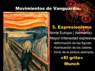 Movimientos de Vanguardia
3. Expresionismo
• Norte Europa ( Alemania).
• Mayor Intensidad expresiva:
• deformación de las figuras.
• Acentuación de los colores
• Inicio de la pintura abstracta
«El grito»
Munch
 