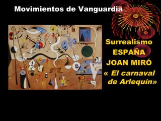 Movimientos de Vanguardia
Surrealismo
ESPAÑA
JOAN MIRÓ
« El carnaval
de Arlequín»
 