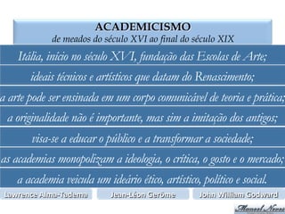 ACADEMICISMO
de meados do século XVI ao final do século XIX
Itália, início no século XVI, fundação das Escolas de Arte;
ideais técnicos e artísticos que datam do Renascimento;
a arte pode ser ensinada em um corpo comunicável de teoria e prática;
a originalidade não é importante, mas sim a imitação dos antigos;
visa-se a educar o público e a transformar a sociedade;
as academias monopolizam a ideologia, o crítica, o gosto e o mercado;
a academia veicula um ideário ético, artístico, político e social.
Lawrence	
  Alma-­‐Tadema	
   Jean-­‐Léon	
  Gerôme	
   John	
  William	
  Godward	
  
 