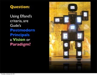 Question:

                Using Eﬂand’s
                criteria, are
                Gude’s
                Postmodern
                Principals
                a Vision or
                Paradigm?




Thursday, January 20, 2011
 