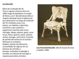Luis Fernando Benedit. Silla de huesos de vaca
y caballo. 2008
Luis Benedit.
Obras de la década del 70.
Tras su regreso a Buenos Aires en
1968, luego de abandonar la ciudad
de Roma, Luis F. Benedit desarrolló un
singular abordaje hacia el objeto arte
que continuaría a lo largo de la década
del 70. Exhibidos junto a los
planos, sus hábitats y laberintos
contienen y dan sustento a
organismos vivientes tales como
hormigas, abejas, pájaros, gatos, cucar
achas, flores, iguanas, peces, plantas,
arañas, tortugas, entre otros. El punto
de partida del artista fue la muestra
Microzoo en la Galería
Rubbers, donde transformó las
concavidades de algunas de sus
pinturas de animales y
paisajes, realizadas en plexiglás y
esmalte, en colonias de hormigas o
espacios para otros animales.
 