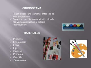 CRONOGRAMA

- Pegar avisos una semana antes de la
  feria empresarial
- Organizar un día antes el sitio donde
  nos vamos a situar en el colegio
- Presupuestos


             MATERIALES

-   Pinturas
-   Lentejuelas
-   Laca
-   Lija
-   Guadua
-   Pinceles
-   Cuchilla
-   Entre otros.
 