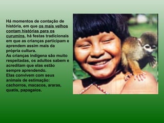 Há momentos de contação de
história, em que os mais velhos
contam histórias para os
curumins, há festas tradicionais
em que as crianças participam e
aprendem assim mais da
própria cultura.
As crianças indígena são muito
respeitadas, os adultos sabem e
acreditam que elas estão
sempre aprendendo.
Elas convivem com seus
animais de estimação:
cachorros, macacos, araras,
quatis, papagaios.
 