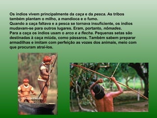 Os índios vivem principalmente da caça e da pesca. As tribos
também plantam o milho, a mandioca e o fumo.
Quando a caça faltava e a pesca se tornava insuficiente, os índios
mudavam-se para outros lugares. Eram, portanto, nômades.
Para a caça os índios usam o arco e a flecha. Pequenas setas são
destinadas à caça miúda, como pássaros. Também sabem preparar
armadilhas e imitam com perfeição as vozes dos animais, meio com
que procuram atraí-los.
 