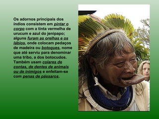 Os adornos principais dos
índios consistem em pintar o
corpo com a tinta vermelha de
urucum e azul do jenipapo;
alguns furam as orelhas e os
lábios, onde colocam pedaços
de madeira ou botoques, nome
que até serviu para denominar
uma tribo, a dos botocudos.
Também usam colares de
contas, de dentes de animais
ou de inimigos e enfeitam-se
com penas de pássaros.
 