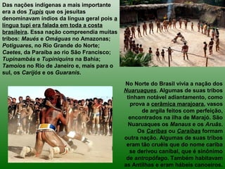 Das nações indígenas a mais importante
era a dos Tupis que os jesuítas
denominavam índios da língua geral pois a
língua tupi era falada em toda a costa
brasileira. Essa nação compreendia muitas
tribos: Maués e Omáguas no Amazonas;
Potiguares, no Rio Grande do Norte;
Caetes, da Paraíba ao rio São Francisco;
Tupinambás e Tupiniquins na Bahia;
Tamoios no Rio de Janeiro e, mais para o
sul, os Carijós e os Guaranis.
No Norte do Brasil vivia a nação dos
Nuaruaques. Algumas de suas tribos
tinham notável adiantamento, como
prova a cerâmica marajoara, vasos
de argila feitos com perfeição,
encontrados na ilha de Marajó. São
Nuaruaques os Manaus e os Aruãs.
Os Caribas ou Caraíbas formam
outra nação. Algumas de suas tribos
eram tão cruéis que do nome cariba
se derivou canibal, que é sinônimo
de antropófago. Também habitavam
as Antilhas e eram hábeis canoeiros.
 