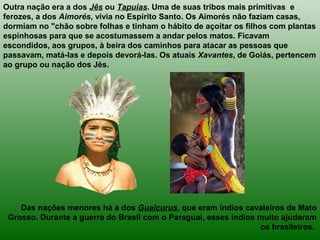 Outra nação era a dos Jês ou Tapuias. Uma de suas tribos mais primitivas e
ferozes, a dos Aimorés, vivia no Espírito Santo. Os Aimorés não faziam casas,
dormiam no "chão sobre folhas e tinham o hábito de açoitar os filhos com plantas
espinhosas para que se acostumassem a andar pelos matos. Ficavam
escondidos, aos grupos, à beira dos caminhos para atacar as pessoas que
passavam, matá-las e depois devorá-las. Os atuais Xavantes, de Goiás, pertencem
ao grupo ou nação dos Jès.
Das nações menores há a dos Guaicurus, que eram índios cavaleiros de Mato
Grosso. Durante a guerra do Brasil com o Paraguai, esses índios muito ajudaram
os brasileiros.
 