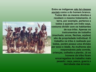 Entre os indígenas não há classes
sociais como a do homem branco.
Todos têm os mesmo direitos e
recebem o mesmo tratamento. A
terra, por exemplo, pertence a
todos e quando um índio caça,
costuma dividir com os habitantes
de sua tribo. Apenas os
instrumentos de trabalho
(machado, arcos, flechas, arpões)
são de propriedade individual. O
trabalho na tribo é realizado por
todos, porém possui uma divisão
por sexo e idade. As mulheres são
responsáveis pela comida,
crianças, colheita e plantio. Já os
homens da tribo ficam
encarregados do trabalho mais
pesado: caça, pesca, guerra e
derrubada das árvores.
 