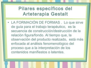 Pilares específicos del
Arteterapia Gestalt
• LA FORMACIÓN DE FORMAS .  Lo que sirve
de guía para el trabajo terapéutico,  es la
secuencia de construcción/destrucción de la
relación figura/fondo. Al tiempo que, la
observación del producto realizado,  está más
enfocada al análisis fenomenológico del
proceso que a la interpretación de los
contenidos manifiestos o latentes.
 