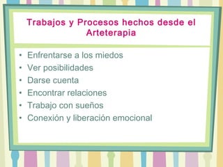 Trabajos y Procesos hechos desde el
Arteterapia
• Enfrentarse a los miedos
• Ver posibilidades
• Darse cuenta
• Encontrar relaciones
• Trabajo con sueños
• Conexión y liberación emocional
 