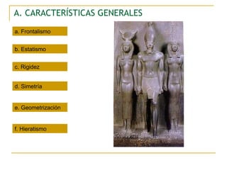 A. CARACTERÍSTICAS GENERALES a. Frontalismo b. Estatismo d. Simetría e. Geometrización c. Rigidez f. Hieratismo 