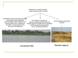 Inundación Nilo A mediados de julio se producía la subida de las aguas hasta septiembre que empezaba a bajar, dejando en el terreno próximo al río, además de  humedad  una rica capa de limo que servía de fertilizante Creencia en un orden continuo, cíclico de resurrección y muerte Vivían rodeados de desierto (muerte) En mitad de un mundo de muerte ven llegar periódicamente de remotos lugares el regalo de una caudalosa fuente de agua que les permite vivir en la opulencia(el Nilo) Desierto egipcio 