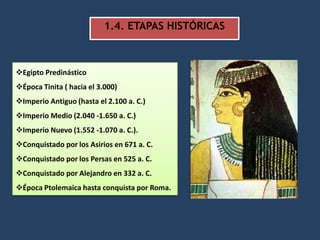 1.4. ETAPAS HISTÓRICAS



Egipto Predinástico
Época Tinita ( hacia el 3.000)
Imperio Antiguo (hasta el 2.100 a. C.)
Imperio Medio (2.040 -1.650 a. C.)
Imperio Nuevo (1.552 -1.070 a. C.).
Conquistado por los Asirios en 671 a. C.
Conquistado por los Persas en 525 a. C.
Conquistado por Alejandro en 332 a. C.
Época Ptolemaica hasta conquista por Roma.
 