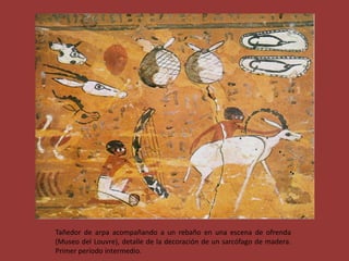 Tañedor de arpa acompañando a un rebaño en una escena de ofrenda
(Museo del Louvre), detalle de la decoración de un sarcófago de madera.
Primer período intermedio.
 