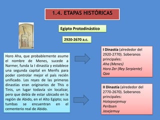 1.4. ETAPAS HISTÓRICAS

                                  Egipto Protodinástico

                                    2920-2670 a.c.

                                                          I Dinastía (alrededor del
Horo Aha, que probablemente asume                         2920-2770). Soberanos
el nombre de Menes, sucede a                              principales:
Narmer, funda la I dinastía y establece                   Aha (Menes)
una segunda capital en Menfis para                        Horo Zer (Rey Serpiente)
poder controlar mejor el país recién                      Qaa
unificado. Los reyes de las primeras
dinastías eran originarios de This o
                                                          II Dinastía (alrededor del
Tinis, un lugar todavía sin localizar,
                                                          2770-2670). Soberanos
pero que debía de estar ubicado en la
                                                          principales:
región de Abido, en el Alto Egipto; sus
                                                          Hotepsejemuy
tumbas se encuentran en el
                                                          Peribsen
cementerio real de Abido.
                                                          Jasejemuy
 