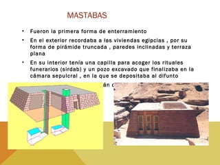 MASTABAS
• Fueron la primera forma de enterramiento
• En el exterior recordaba a las viviendas egipcias , por su
forma de pirámide truncada , paredes inclinadas y terraza
plana
• En su interior tenía una capilla para acoger los rituales
funerarios (sirdab) y un pozo excavado que finalizaba en la
cámara sepulcral , en la que se depositaba al difunto
• Sus paredes interiores están decoradas con hermosas
pinturas
 