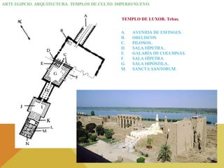 ARTE EGIPCIO. ARQUITECTURA. TEMPLOS DE CULTO. IMPERIO NUEVO. AVENIDA DE ESFINGES. OBELISCOS. PILONOS.. SALA HÍPETRA.. GALARÍA DE COLUMNAS. SALA HÍPETRA. SALA HIPÓSTILA.. M. SANCTA SANTORUM. TEMPLO DE LUXOR. Tebas. 