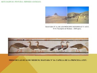 ARTE EGIPCIO. PINTURA. IMPERIO ANTIGUO. MASTABA Nº 16, DE LOS PRÍNCIPES NEFERMAAT Y ATET. IV D. Necrópolis de Meidum. –2600 aprox. FRISO DE LAS OCAS DE MEIDUM. MASTABA Nº 16. CAPILLA DE LA PRINCESA ATET. 