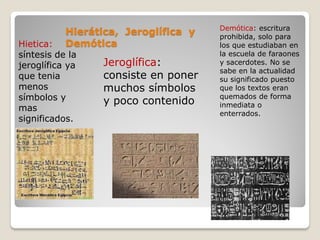 Hierática, Jeroglífica y
Demótica
Jeroglífica:
consiste en poner
muchos símbolos
y poco contenido
Demótica: escritura
prohibida, solo para
los que estudiaban en
la escuela de faraones
y sacerdotes. No se
sabe en la actualidad
su significado puesto
que los textos eran
quemados de forma
inmediata o
enterrados.
Hietica:
síntesis de la
jeroglífica ya
que tenia
menos
símbolos y
mas
significados.
 