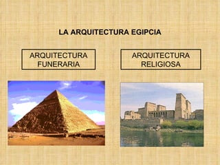 LA ARQUITECTURA EGIPCIA ARQUITECTURA FUNERARIA ARQUITECTURA RELIGIOSA 