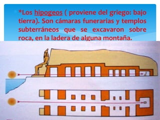 ∗ *Los hipogeos ( proviene del griego: bajo
  tierra). Son cámaras funerarias y templos
  subterráneos que se excavaron sobre
  roca, en la ladera de alguna montaña.
 