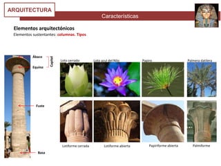 Características
ARQUITECTURA
Elementos arquitectónicos
Elementos sustentantes: columnas. Tipos
Ábaco
Equino
Fuste
Basa
Loto cerrado Loto azul del Nilo Papiro Palmera datilera
Lotiforme cerrada Lotiforme abierta Papiriforme abierta
Loto cerrado
Palmiforme
Capitel
 