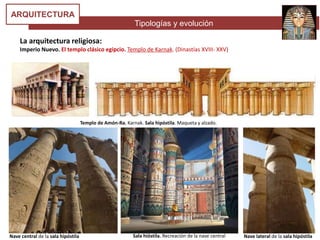 Tipologías y evolución
ARQUITECTURA
La arquitectura religiosa:
Imperio Nuevo. El templo clásico egipcio. Templo de Karnak. (Dinastías XVIII- XXV)
Templo de Amón-Ra. Karnak. Sala hipóstila. Maqueta y alzado.
Nave central de la sala hipóstila Sala hióstila. Recreación de la nave central Nave lateral de la sala hipóstila
 