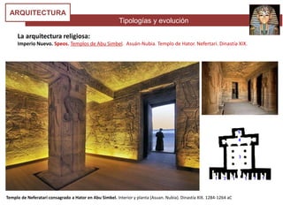 Tipologías y evolución
ARQUITECTURA
La arquitectura religiosa:
Imperio Nuevo. Speos. Templos de Abu Simbel. Asuán-Nubia. Templo de Hator. Nefertari. Dinastía XIX.
Templo de Neferatari consagrado a Hator en Abu Simbel. Interior y planta (Asuan. Nubia). Dinastía XIX. 1284-1264 aC
 