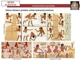 Características generales
ARTES
PLÁSTICAS
Talleres oficiales y privados: artistas (artesanos) anónimos
Escultoresegipcios
Taller cerámico Artesanos en el taller
 