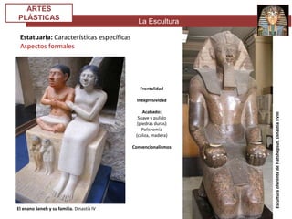 La Escultura
ARTES
PLÁSTICAS
Estatuaria: Características específicas
Aspectos formales
Frontalidad
Inexpresividad
Acabado:
Suave y pulido
(piedras duras)
Policromía
(caliza, madera)
Convencionalismos
El enano Seneb y su familia. Dinastía IV
EsculturaoferentedeHatshepsut.DinastíaXVIII
 