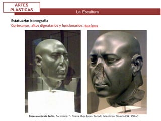 La Escultura
ARTES
PLÁSTICAS
Estatuaria: Iconografía
Cortesanos, altos dignatarios y funcionarios. Baja Época
Cabeza verde de Berlín. Sacerdote (?). Pizarra. Baja Época. Período helenístico. Dinastía XXX. 350 aC
 