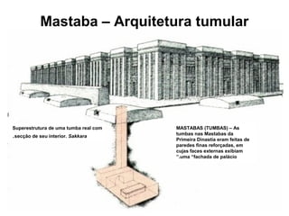 Superestrutura de uma tumba real com
secção de seu interior. Sakkara.
MASTABAS (TUMBAS) – As
tumbas nas Mastabas da
Primeira Dinastia eram feitas de
paredes finas reforçadas, em
cujas faces externas exibiam
uma “fachada de palácio”.
Mastaba – Arquitetura tumular
 