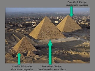 Piramide di Cheope:
                                                           rivestimento in calcare




Piramide di Micerino:          Piramide di Chefren:
rivestimento in granito   rivestimento in calcare bianco
 